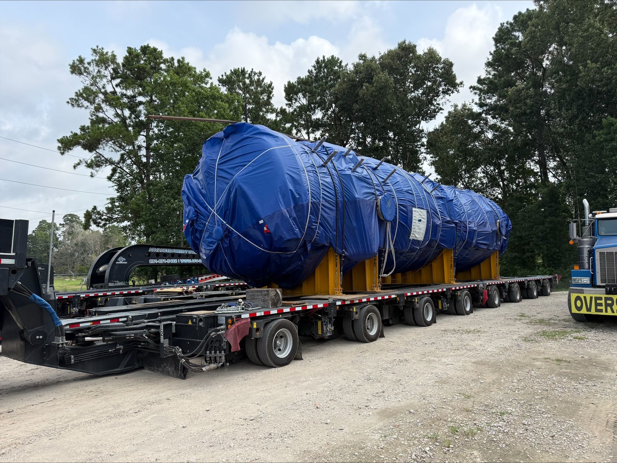 223,000-lb evaporator on custom transport saddles loaded on an 8-line modular trailer in Houston