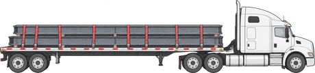 Flatbed truck hauling strapped steel beams