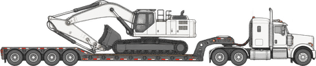 Lowboy trailer hauling an excavator
